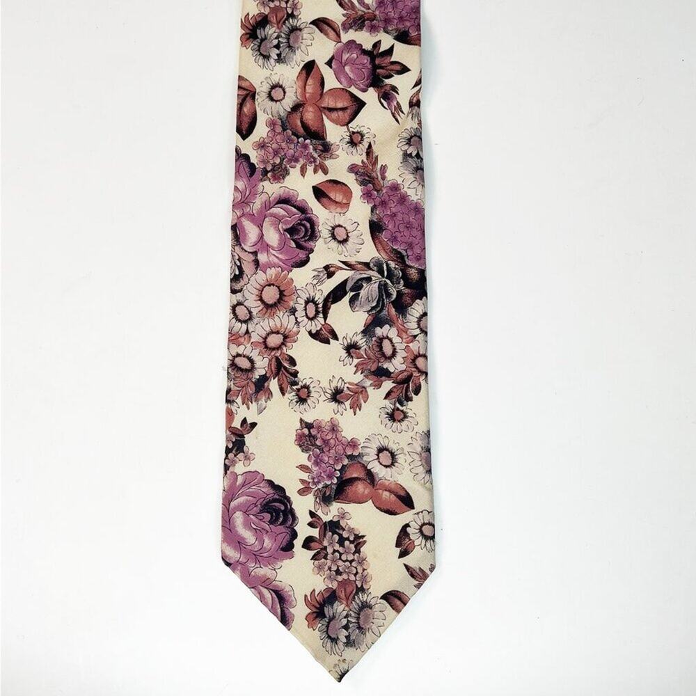 Charleston Tie Rack Floral Mens Neck Tie Cream Purple 100% Silk Italy